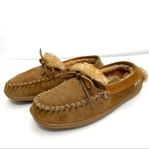 L.L Bean Men’s Wicked Good Leather Sheep Wool Lined Moccasin Slippers - Picture 1 of 15